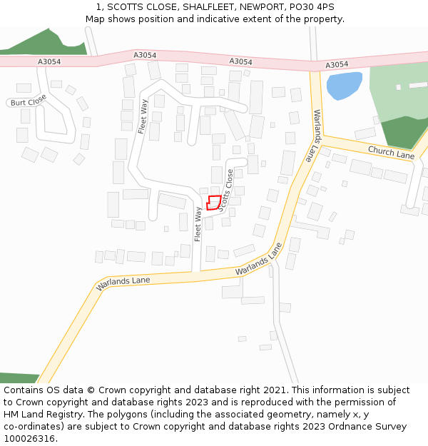 1, SCOTTS CLOSE, SHALFLEET, NEWPORT, PO30 4PS: Location map and indicative extent of plot