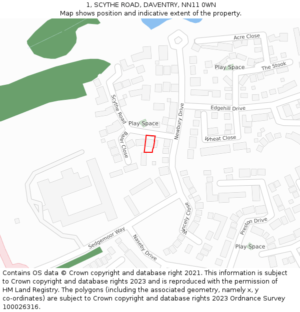 1, SCYTHE ROAD, DAVENTRY, NN11 0WN: Location map and indicative extent of plot