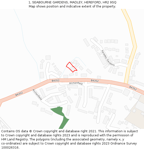 1, SEABOURNE GARDENS, MADLEY, HEREFORD, HR2 9SQ: Location map and indicative extent of plot