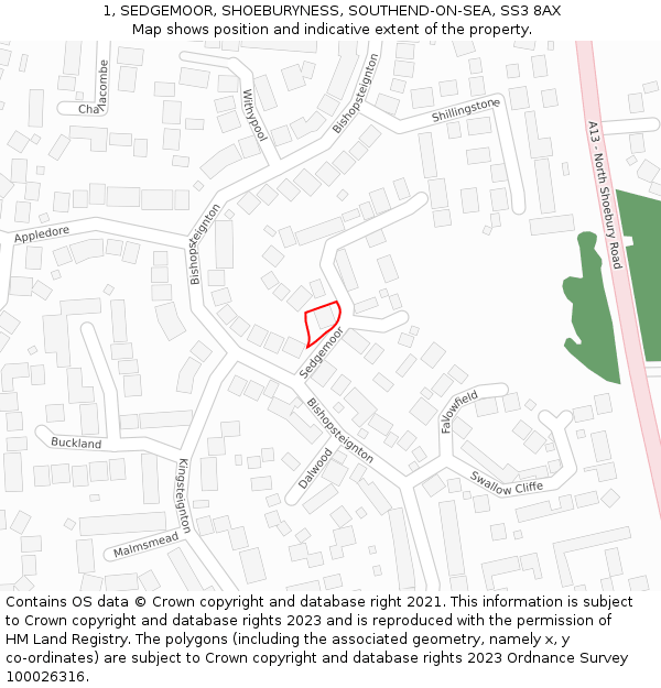 1, SEDGEMOOR, SHOEBURYNESS, SOUTHEND-ON-SEA, SS3 8AX: Location map and indicative extent of plot
