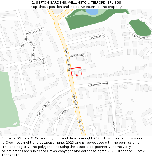 1, SEFTON GARDENS, WELLINGTON, TELFORD, TF1 3GS: Location map and indicative extent of plot