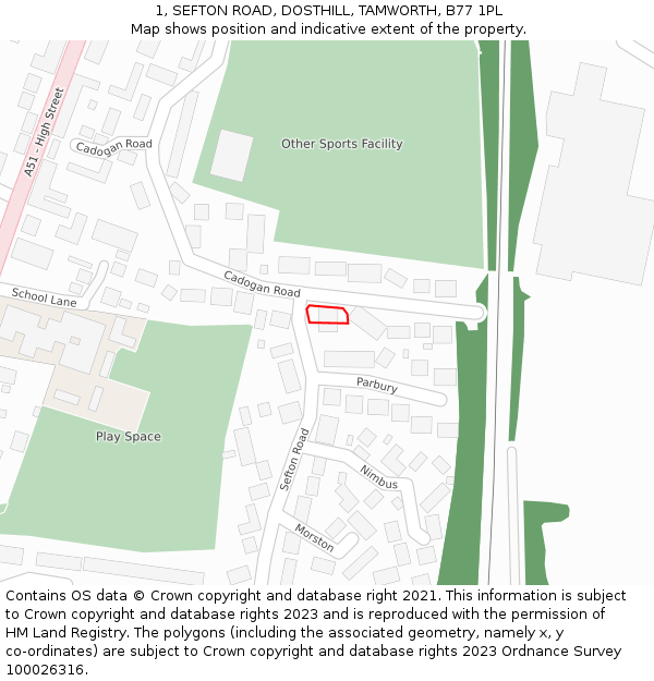 1, SEFTON ROAD, DOSTHILL, TAMWORTH, B77 1PL: Location map and indicative extent of plot
