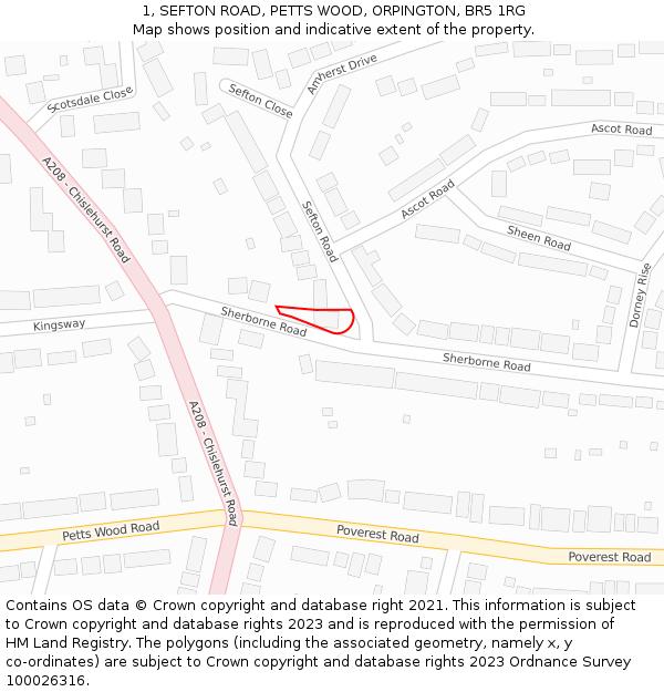 1, SEFTON ROAD, PETTS WOOD, ORPINGTON, BR5 1RG: Location map and indicative extent of plot