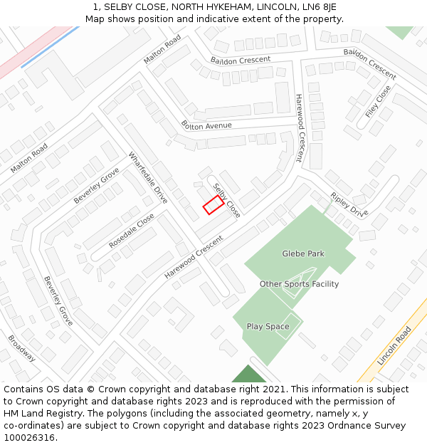 1, SELBY CLOSE, NORTH HYKEHAM, LINCOLN, LN6 8JE: Location map and indicative extent of plot
