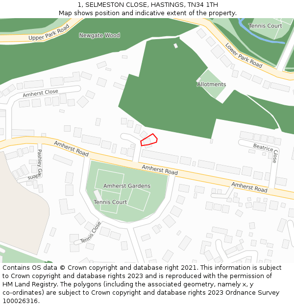 1, SELMESTON CLOSE, HASTINGS, TN34 1TH: Location map and indicative extent of plot