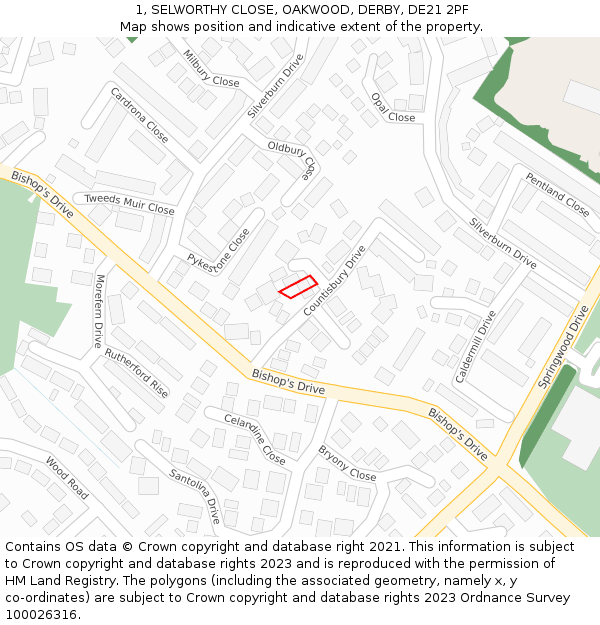 1, SELWORTHY CLOSE, OAKWOOD, DERBY, DE21 2PF: Location map and indicative extent of plot