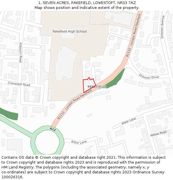 1, SEVEN ACRES, PAKEFIELD, LOWESTOFT, NR33 7AZ: Location map and indicative extent of plot