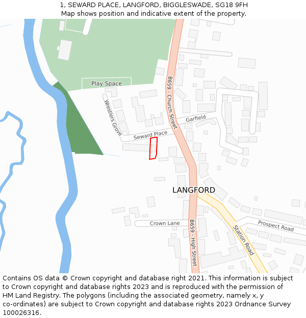 1, SEWARD PLACE, LANGFORD, BIGGLESWADE, SG18 9FH: Location map and indicative extent of plot