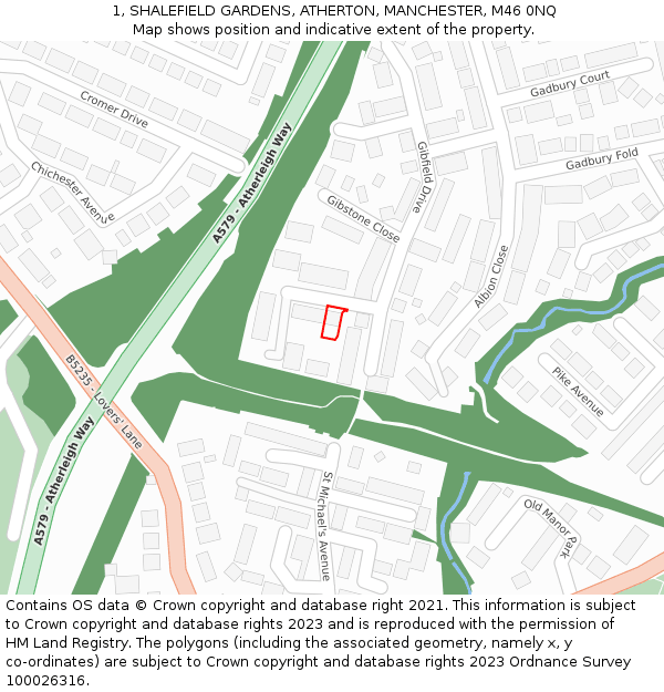1, SHALEFIELD GARDENS, ATHERTON, MANCHESTER, M46 0NQ: Location map and indicative extent of plot