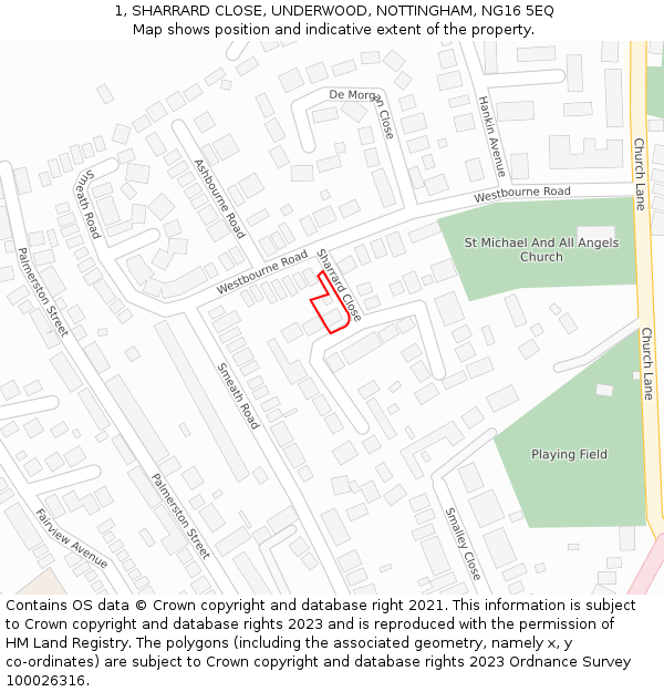 1, SHARRARD CLOSE, UNDERWOOD, NOTTINGHAM, NG16 5EQ: Location map and indicative extent of plot