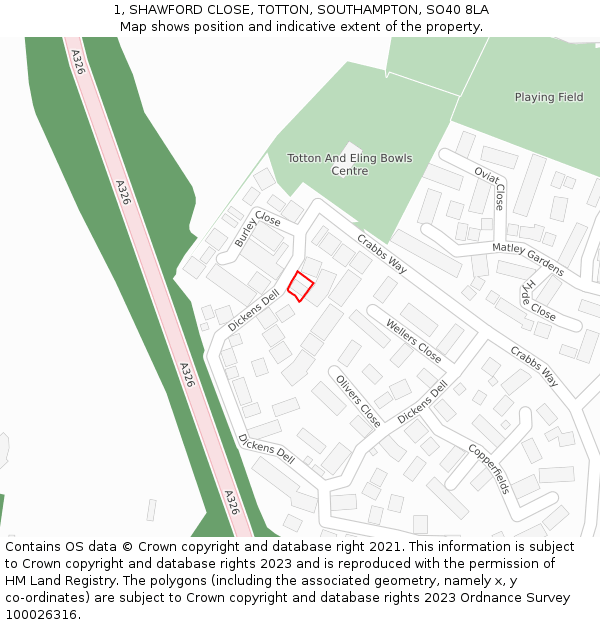 1, SHAWFORD CLOSE, TOTTON, SOUTHAMPTON, SO40 8LA: Location map and indicative extent of plot