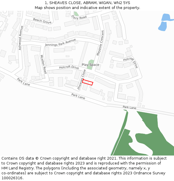 1, SHEAVES CLOSE, ABRAM, WIGAN, WN2 5YS: Location map and indicative extent of plot