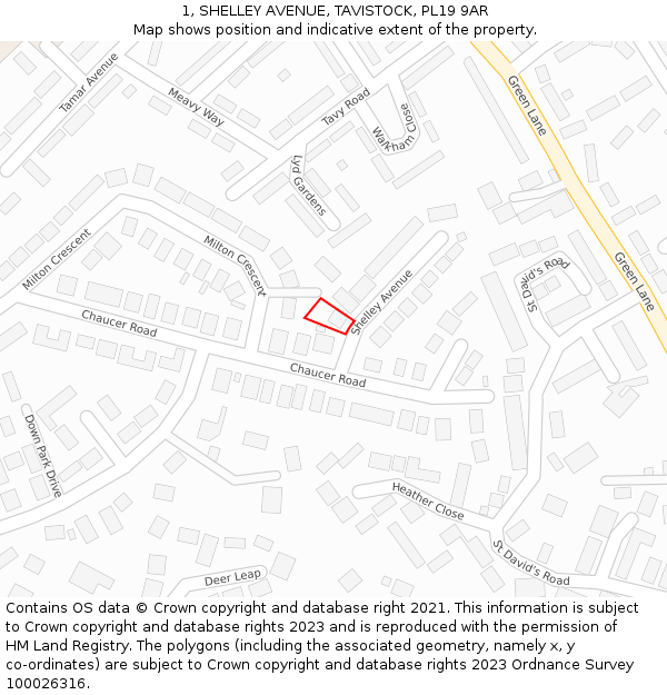 1, SHELLEY AVENUE, TAVISTOCK, PL19 9AR: Location map and indicative extent of plot