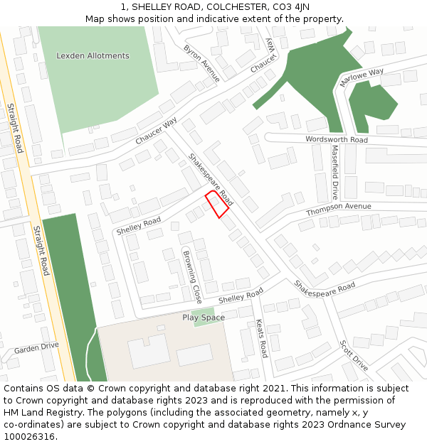 1, SHELLEY ROAD, COLCHESTER, CO3 4JN: Location map and indicative extent of plot