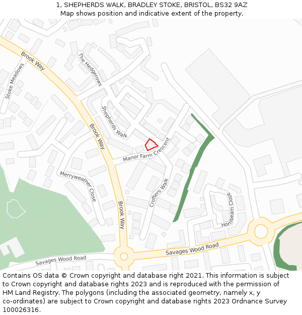 1, SHEPHERDS WALK, BRADLEY STOKE, BRISTOL, BS32 9AZ: Location map and indicative extent of plot