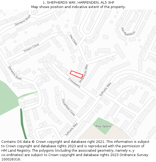 1, SHEPHERDS WAY, HARPENDEN, AL5 3HF: Location map and indicative extent of plot