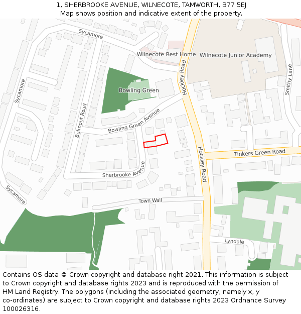 1, SHERBROOKE AVENUE, WILNECOTE, TAMWORTH, B77 5EJ: Location map and indicative extent of plot