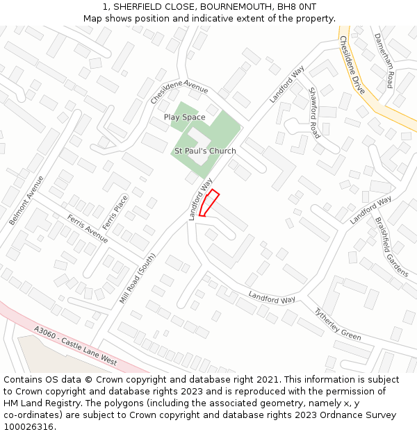 1, SHERFIELD CLOSE, BOURNEMOUTH, BH8 0NT: Location map and indicative extent of plot