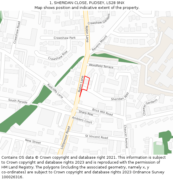 1, SHERIDAN CLOSE, PUDSEY, LS28 9NX: Location map and indicative extent of plot