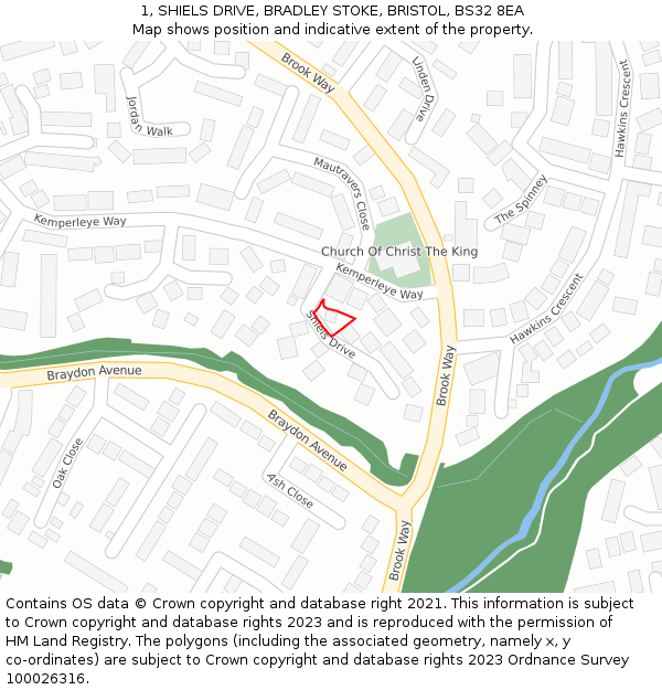 1, SHIELS DRIVE, BRADLEY STOKE, BRISTOL, BS32 8EA: Location map and indicative extent of plot