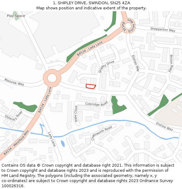 1, SHIPLEY DRIVE, SWINDON, SN25 4ZA: Location map and indicative extent of plot