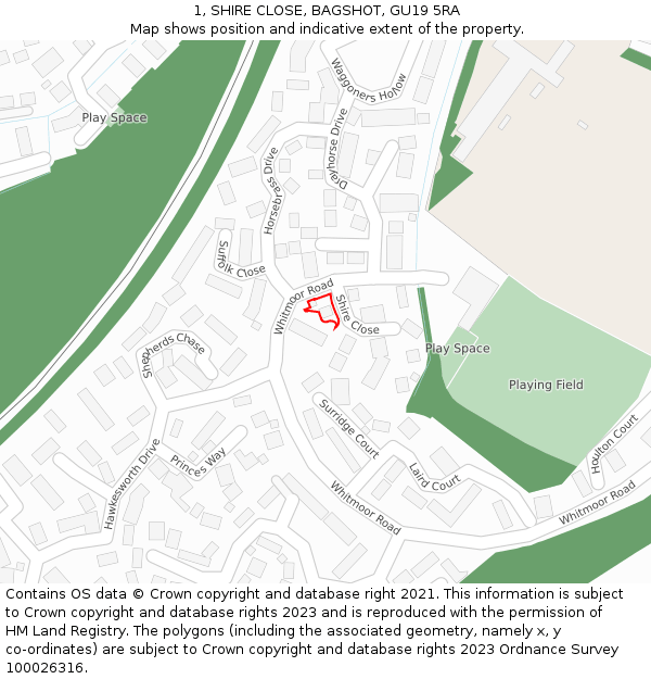 1, SHIRE CLOSE, BAGSHOT, GU19 5RA: Location map and indicative extent of plot