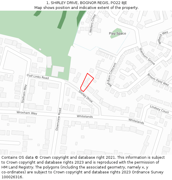 1, SHIRLEY DRIVE, BOGNOR REGIS, PO22 8JE: Location map and indicative extent of plot