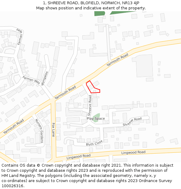 1, SHREEVE ROAD, BLOFIELD, NORWICH, NR13 4JP: Location map and indicative extent of plot