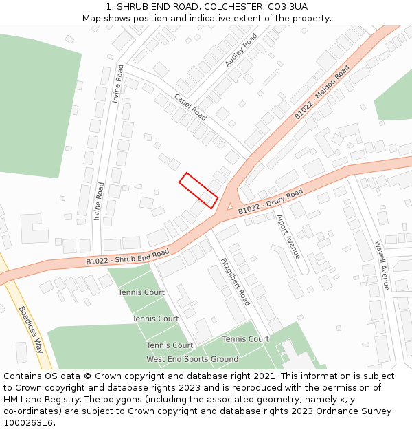 1, SHRUB END ROAD, COLCHESTER, CO3 3UA: Location map and indicative extent of plot