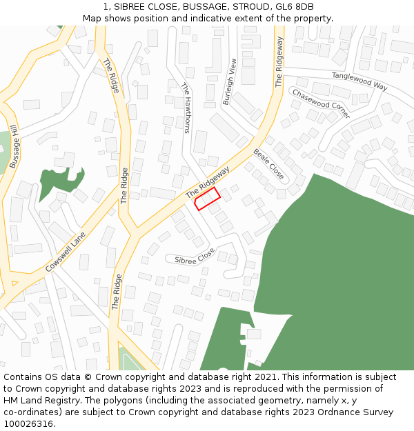 1, SIBREE CLOSE, BUSSAGE, STROUD, GL6 8DB: Location map and indicative extent of plot