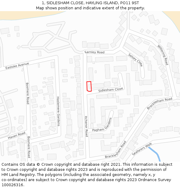 1, SIDLESHAM CLOSE, HAYLING ISLAND, PO11 9ST: Location map and indicative extent of plot