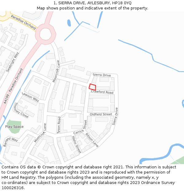 1, SIERRA DRIVE, AYLESBURY, HP18 0YQ: Location map and indicative extent of plot
