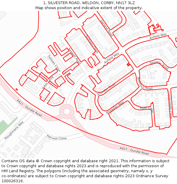 1, SILVESTER ROAD, WELDON, CORBY, NN17 3LZ: Location map and indicative extent of plot