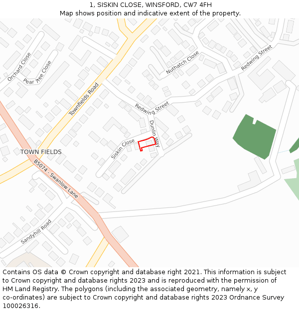 1, SISKIN CLOSE, WINSFORD, CW7 4FH: Location map and indicative extent of plot