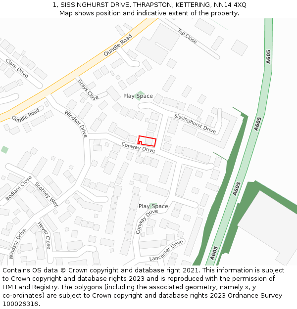 1, SISSINGHURST DRIVE, THRAPSTON, KETTERING, NN14 4XQ: Location map and indicative extent of plot