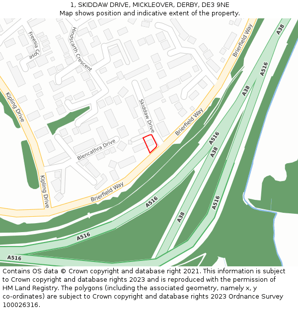 1, SKIDDAW DRIVE, MICKLEOVER, DERBY, DE3 9NE: Location map and indicative extent of plot