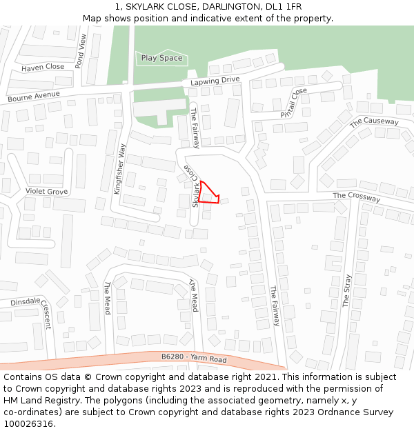 1, SKYLARK CLOSE, DARLINGTON, DL1 1FR: Location map and indicative extent of plot