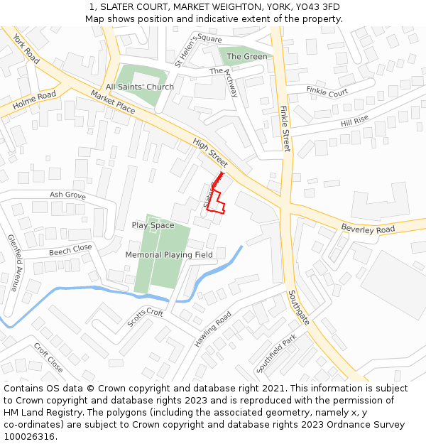 1, SLATER COURT, MARKET WEIGHTON, YORK, YO43 3FD: Location map and indicative extent of plot