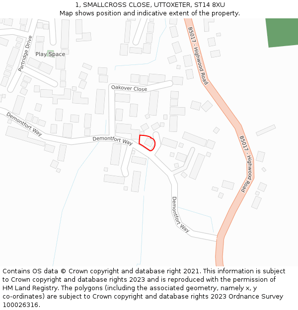 1, SMALLCROSS CLOSE, UTTOXETER, ST14 8XU: Location map and indicative extent of plot