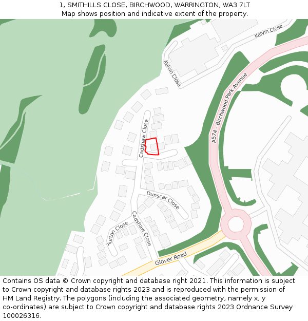 1, SMITHILLS CLOSE, BIRCHWOOD, WARRINGTON, WA3 7LT: Location map and indicative extent of plot
