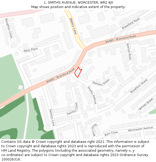 1, SMITHS AVENUE, WORCESTER, WR2 4JX: Location map and indicative extent of plot