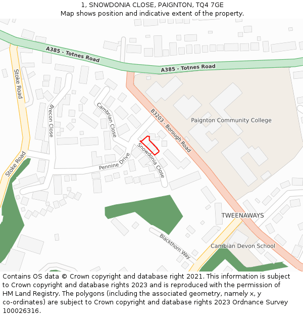 1, SNOWDONIA CLOSE, PAIGNTON, TQ4 7GE: Location map and indicative extent of plot