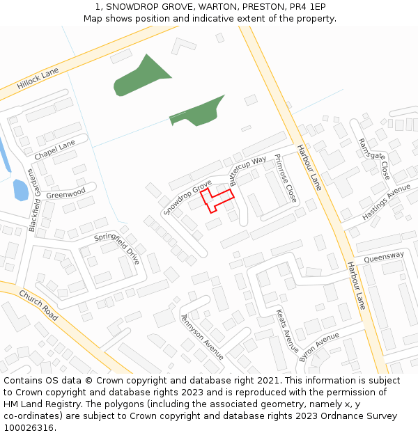 1, SNOWDROP GROVE, WARTON, PRESTON, PR4 1EP: Location map and indicative extent of plot