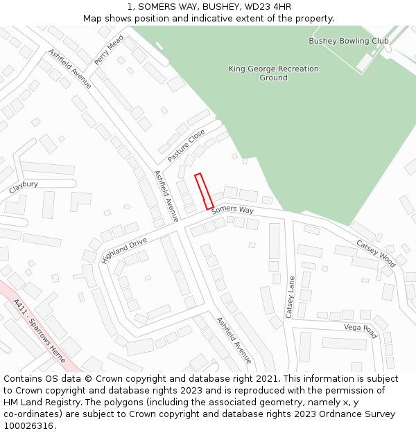 1, SOMERS WAY, BUSHEY, WD23 4HR: Location map and indicative extent of plot