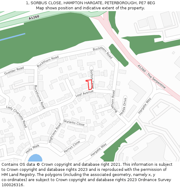 1, SORBUS CLOSE, HAMPTON HARGATE, PETERBOROUGH, PE7 8EG: Location map and indicative extent of plot