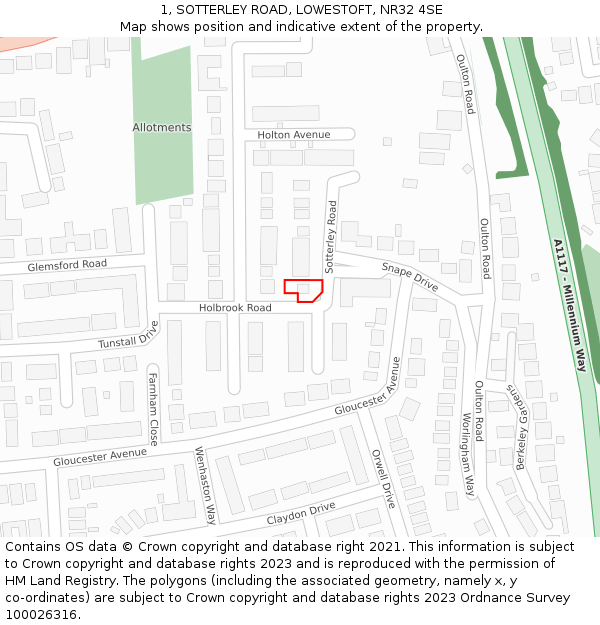 1, SOTTERLEY ROAD, LOWESTOFT, NR32 4SE: Location map and indicative extent of plot