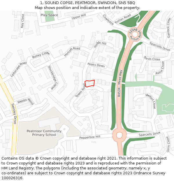 1, SOUND COPSE, PEATMOOR, SWINDON, SN5 5BQ: Location map and indicative extent of plot