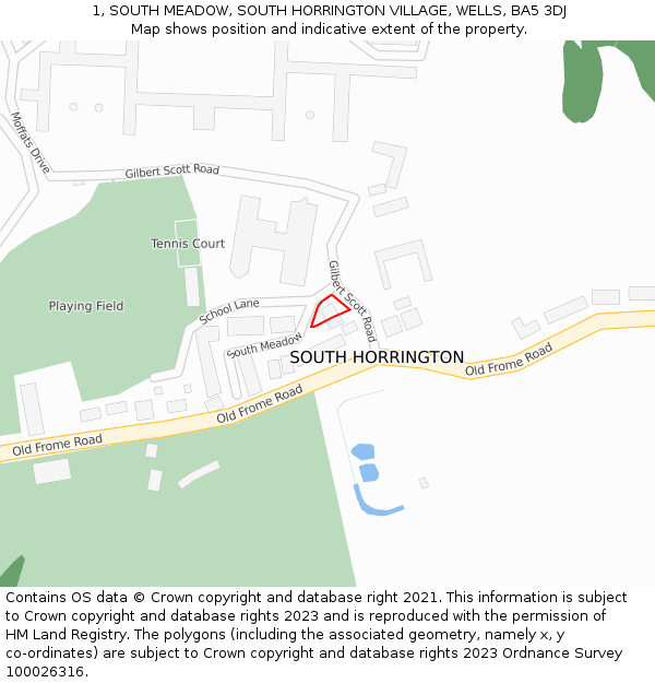 1, SOUTH MEADOW, SOUTH HORRINGTON VILLAGE, WELLS, BA5 3DJ: Location map and indicative extent of plot