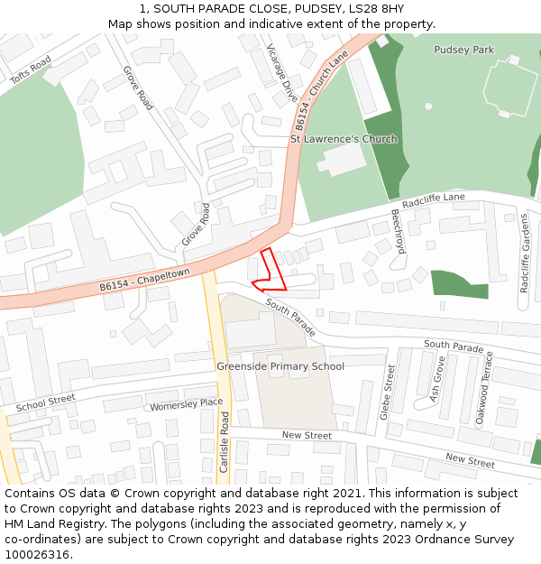 1, SOUTH PARADE CLOSE, PUDSEY, LS28 8HY: Location map and indicative extent of plot
