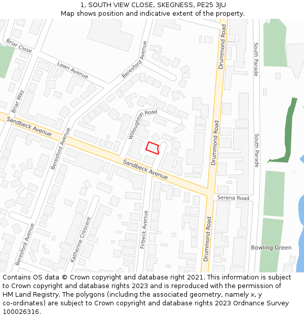 1, SOUTH VIEW CLOSE, SKEGNESS, PE25 3JU: Location map and indicative extent of plot